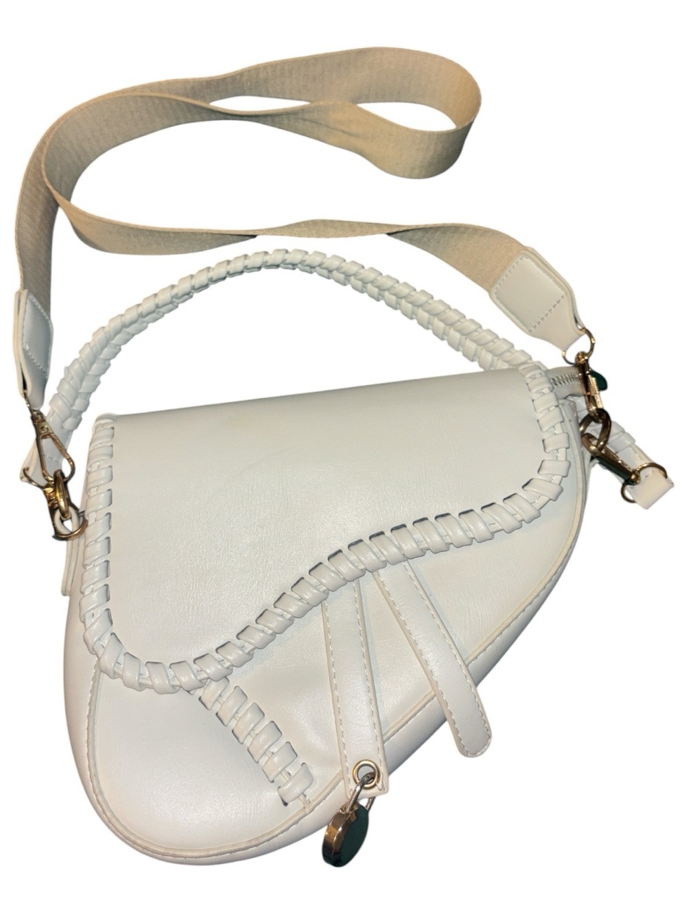 White Women's Saddle Bag with Braided Trim